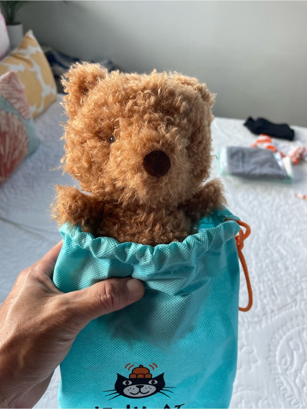 Jellycat Plush Brown Curly Bear on Blue Drawstring Bag - Picture 15 of 16